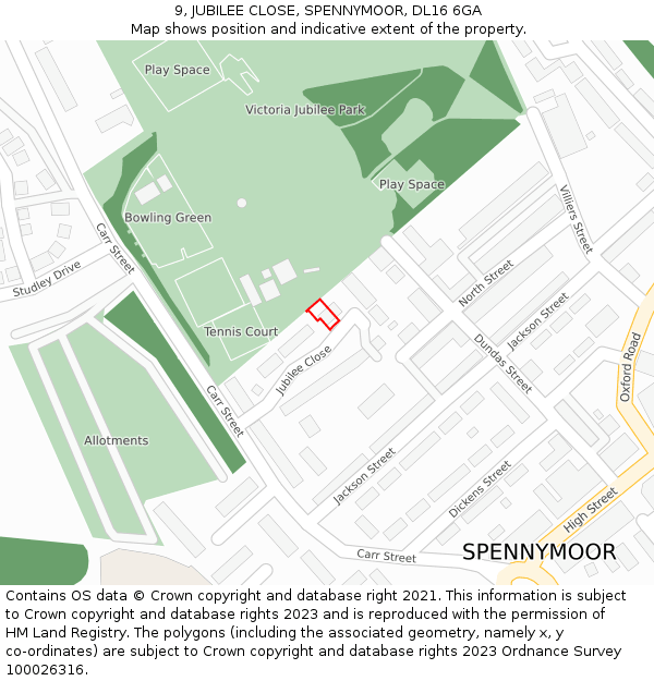 9, JUBILEE CLOSE, SPENNYMOOR, DL16 6GA: Location map and indicative extent of plot