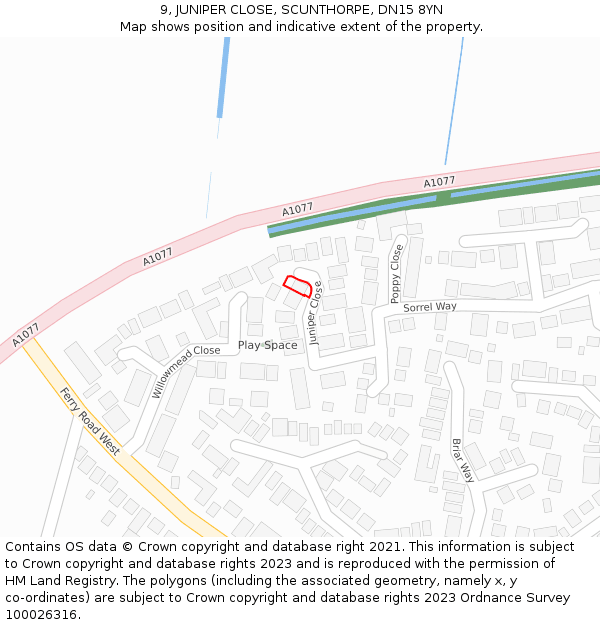 9, JUNIPER CLOSE, SCUNTHORPE, DN15 8YN: Location map and indicative extent of plot