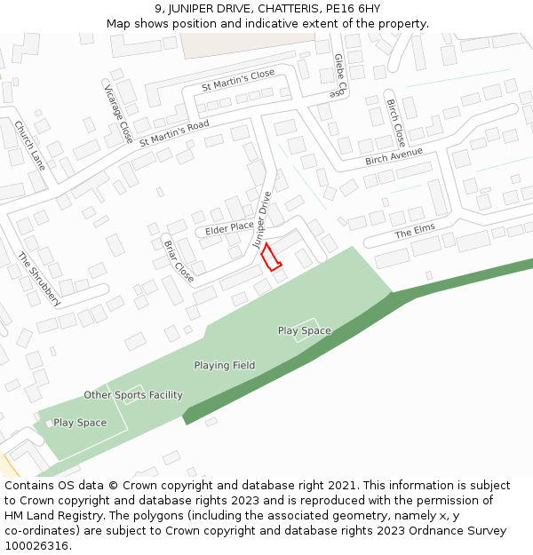 9, JUNIPER DRIVE, CHATTERIS, PE16 6HY: Location map and indicative extent of plot