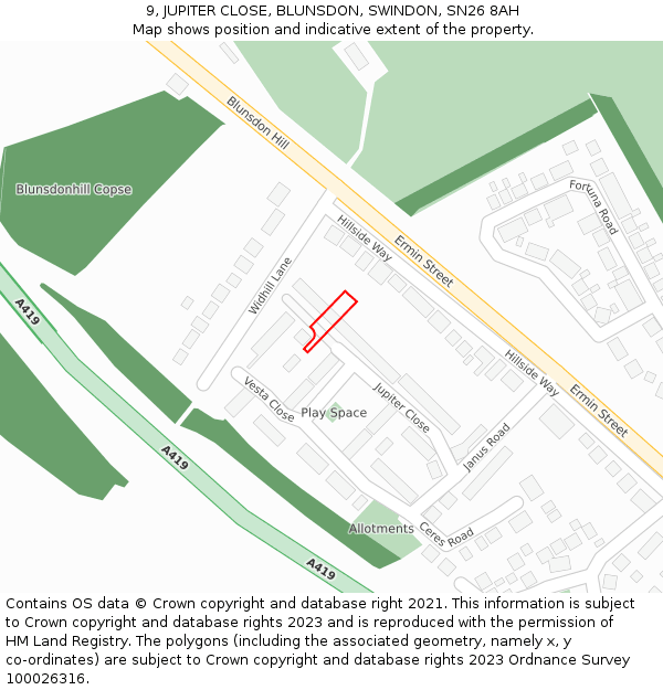 9, JUPITER CLOSE, BLUNSDON, SWINDON, SN26 8AH: Location map and indicative extent of plot