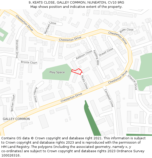 9, KEATS CLOSE, GALLEY COMMON, NUNEATON, CV10 9RG: Location map and indicative extent of plot