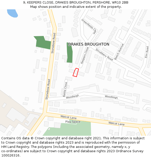 9, KEEPERS CLOSE, DRAKES BROUGHTON, PERSHORE, WR10 2BB: Location map and indicative extent of plot