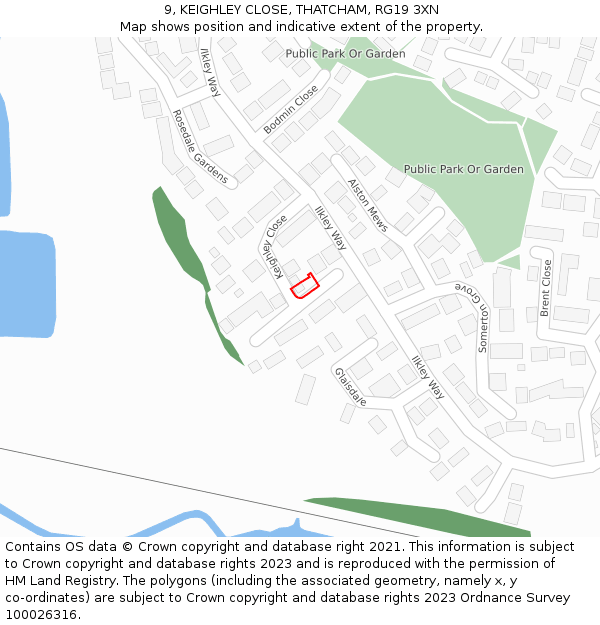 9, KEIGHLEY CLOSE, THATCHAM, RG19 3XN: Location map and indicative extent of plot