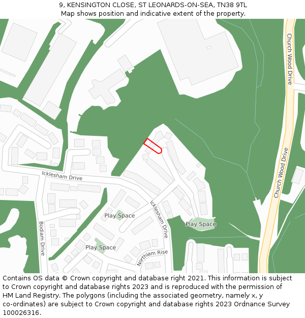 9, KENSINGTON CLOSE, ST LEONARDS-ON-SEA, TN38 9TL: Location map and indicative extent of plot