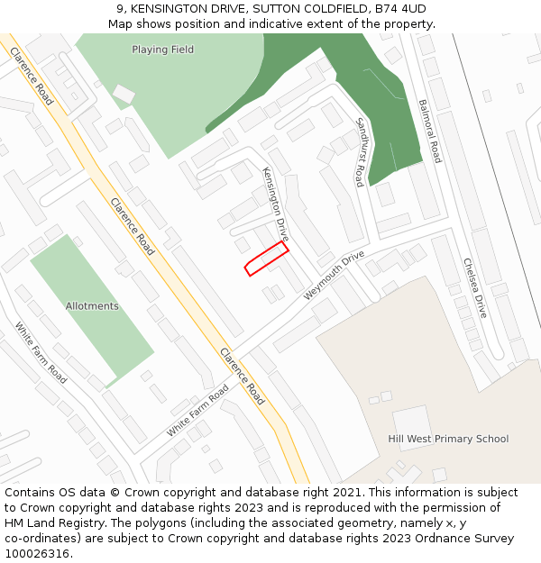 9, KENSINGTON DRIVE, SUTTON COLDFIELD, B74 4UD: Location map and indicative extent of plot