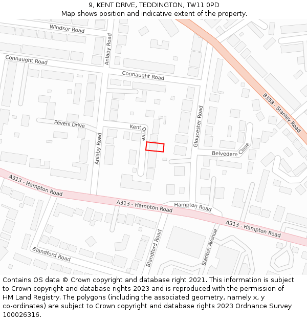 9, KENT DRIVE, TEDDINGTON, TW11 0PD: Location map and indicative extent of plot