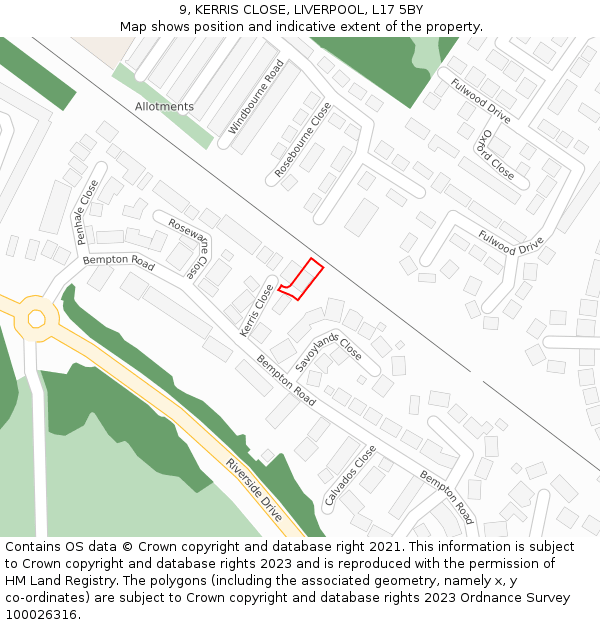 9, KERRIS CLOSE, LIVERPOOL, L17 5BY: Location map and indicative extent of plot