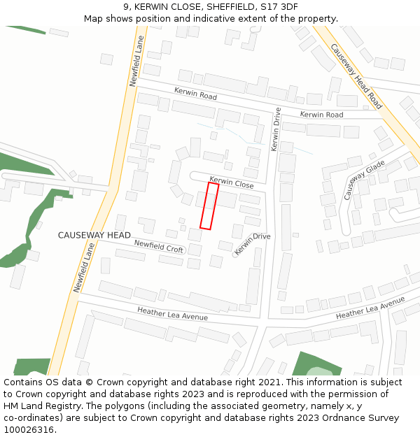 9, KERWIN CLOSE, SHEFFIELD, S17 3DF: Location map and indicative extent of plot