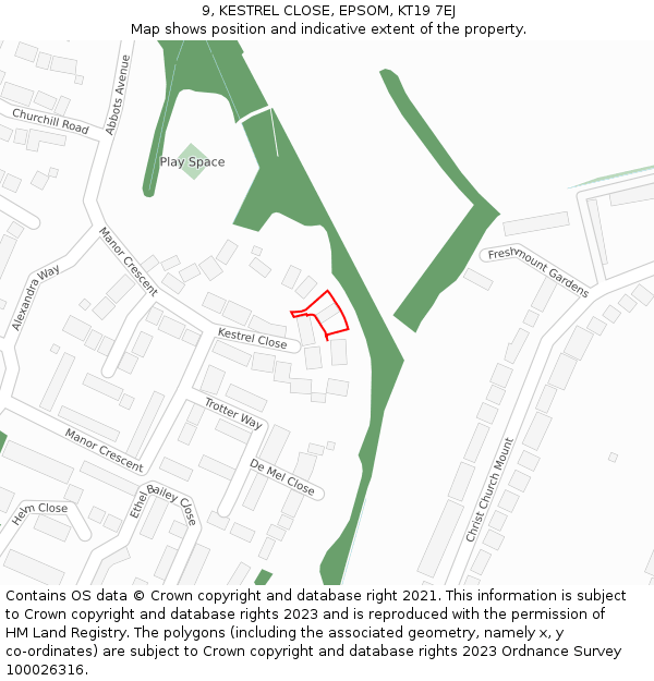 9, KESTREL CLOSE, EPSOM, KT19 7EJ: Location map and indicative extent of plot