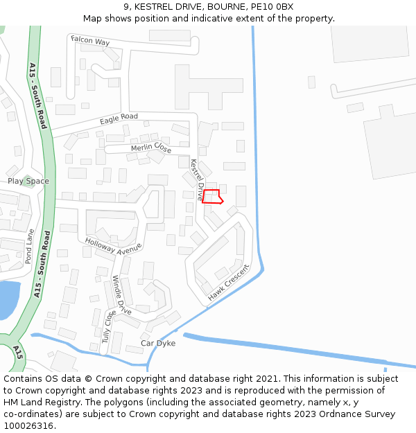 9, KESTREL DRIVE, BOURNE, PE10 0BX: Location map and indicative extent of plot