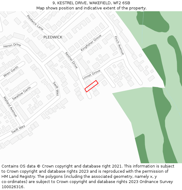 9, KESTREL DRIVE, WAKEFIELD, WF2 6SB: Location map and indicative extent of plot
