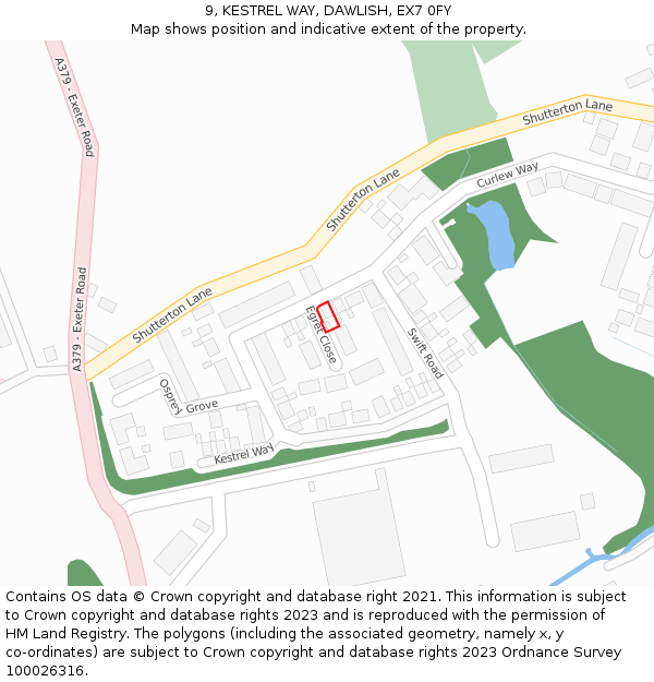 9, KESTREL WAY, DAWLISH, EX7 0FY: Location map and indicative extent of plot