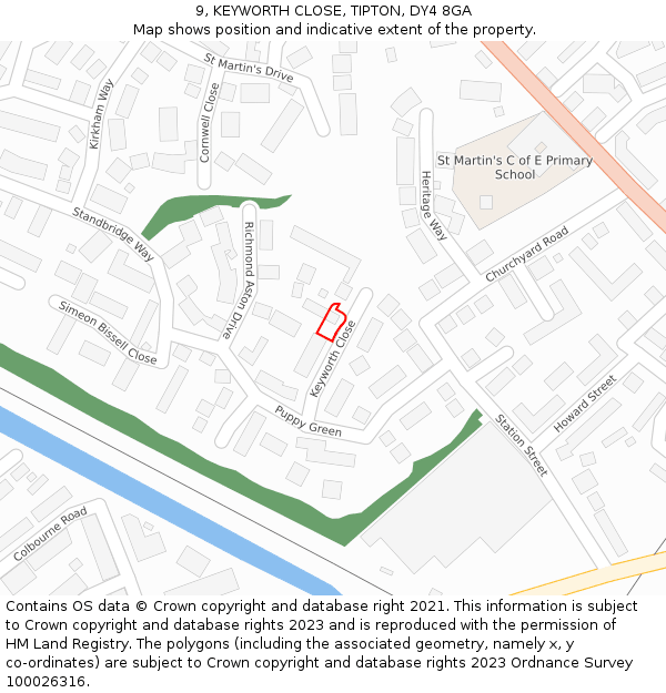 9, KEYWORTH CLOSE, TIPTON, DY4 8GA: Location map and indicative extent of plot