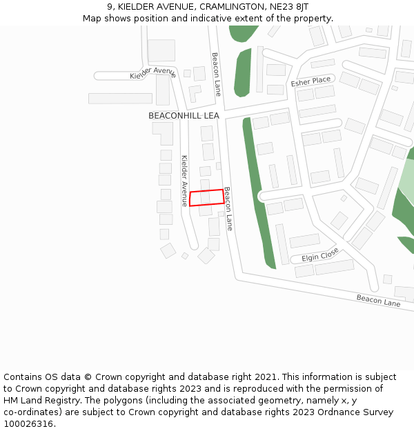 9, KIELDER AVENUE, CRAMLINGTON, NE23 8JT: Location map and indicative extent of plot