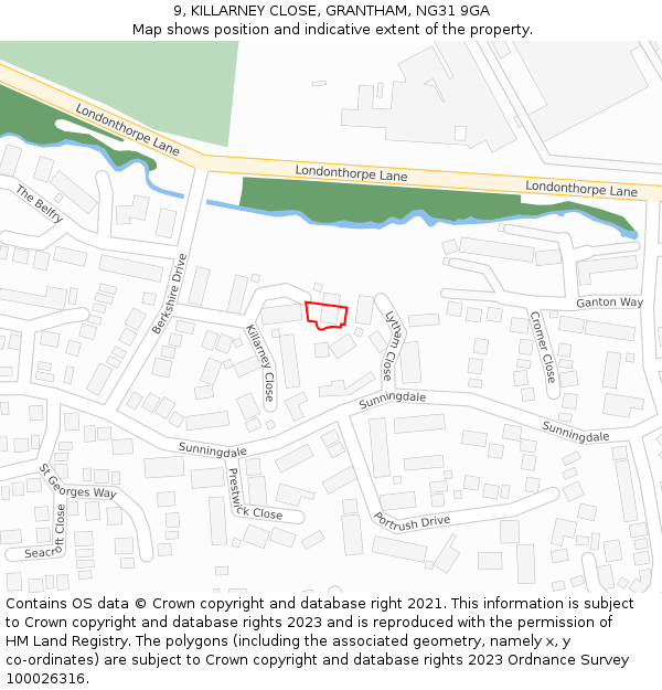 9, KILLARNEY CLOSE, GRANTHAM, NG31 9GA: Location map and indicative extent of plot