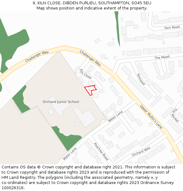 9, KILN CLOSE, DIBDEN PURLIEU, SOUTHAMPTON, SO45 5EU: Location map and indicative extent of plot