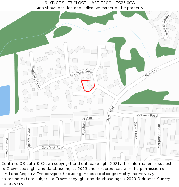 9, KINGFISHER CLOSE, HARTLEPOOL, TS26 0GA: Location map and indicative extent of plot