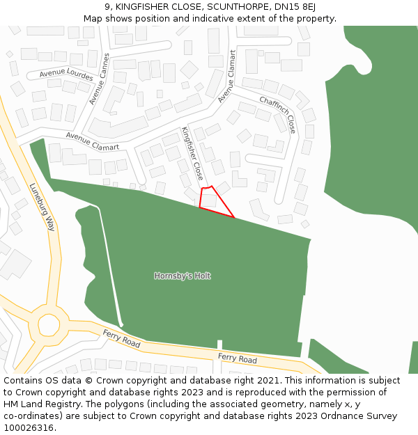 9, KINGFISHER CLOSE, SCUNTHORPE, DN15 8EJ: Location map and indicative extent of plot