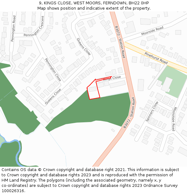 9, KINGS CLOSE, WEST MOORS, FERNDOWN, BH22 0HP: Location map and indicative extent of plot