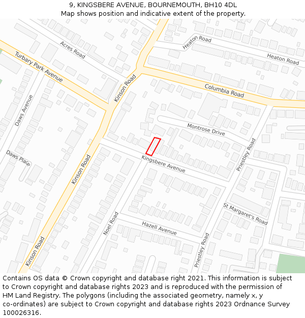 9, KINGSBERE AVENUE, BOURNEMOUTH, BH10 4DL: Location map and indicative extent of plot