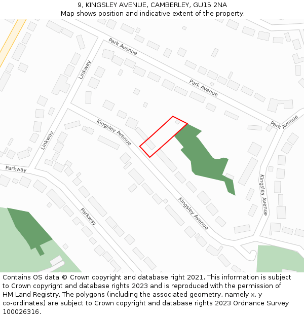 9, KINGSLEY AVENUE, CAMBERLEY, GU15 2NA: Location map and indicative extent of plot