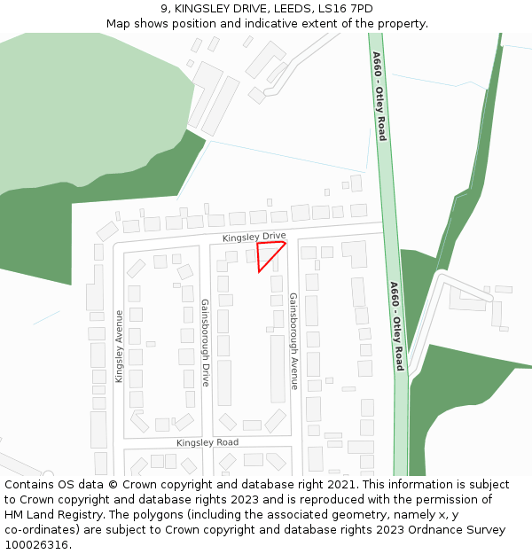 9, KINGSLEY DRIVE, LEEDS, LS16 7PD: Location map and indicative extent of plot