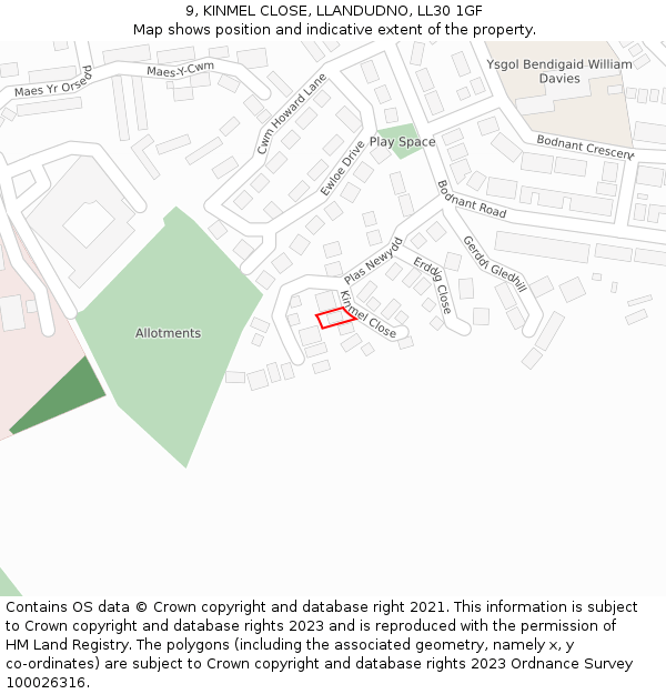 9, KINMEL CLOSE, LLANDUDNO, LL30 1GF: Location map and indicative extent of plot