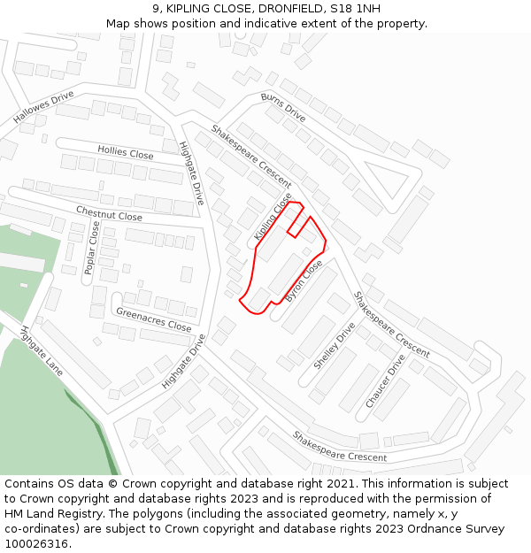 9, KIPLING CLOSE, DRONFIELD, S18 1NH: Location map and indicative extent of plot