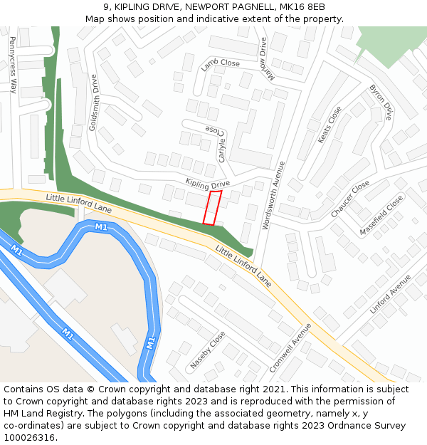 9, KIPLING DRIVE, NEWPORT PAGNELL, MK16 8EB: Location map and indicative extent of plot