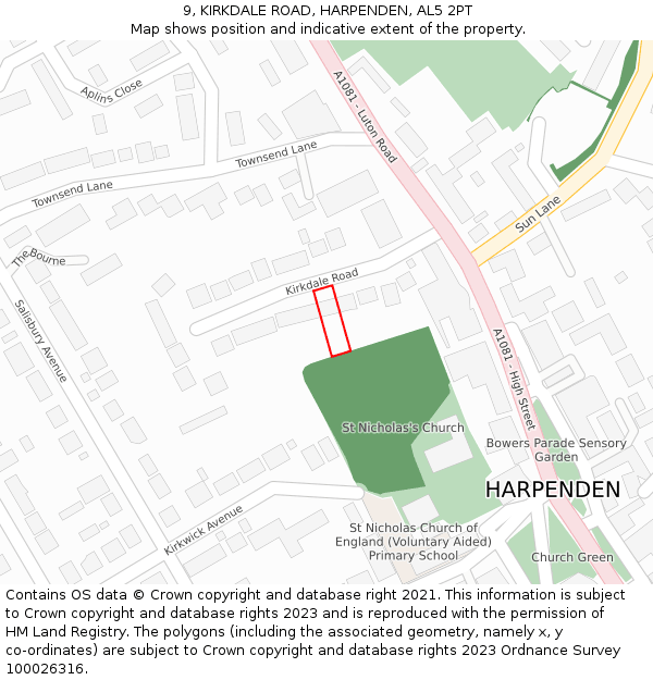 9, KIRKDALE ROAD, HARPENDEN, AL5 2PT: Location map and indicative extent of plot