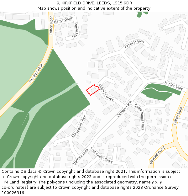 9, KIRKFIELD DRIVE, LEEDS, LS15 9DR: Location map and indicative extent of plot