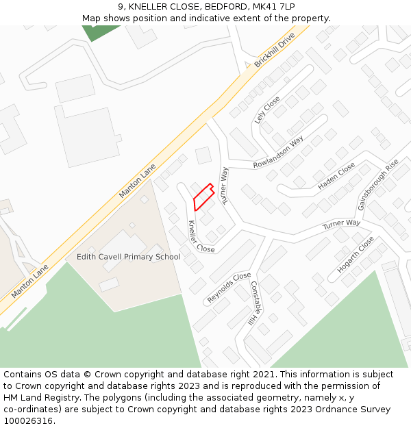 9, KNELLER CLOSE, BEDFORD, MK41 7LP: Location map and indicative extent of plot