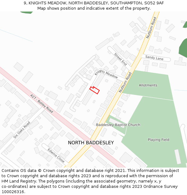 9, KNIGHTS MEADOW, NORTH BADDESLEY, SOUTHAMPTON, SO52 9AF: Location map and indicative extent of plot