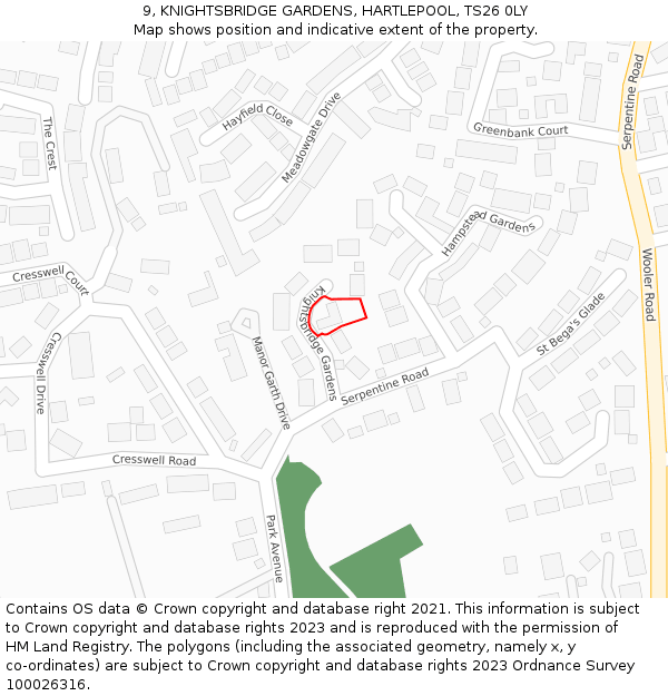 9, KNIGHTSBRIDGE GARDENS, HARTLEPOOL, TS26 0LY: Location map and indicative extent of plot