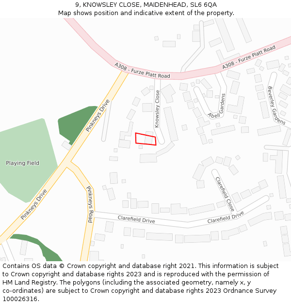 9, KNOWSLEY CLOSE, MAIDENHEAD, SL6 6QA: Location map and indicative extent of plot