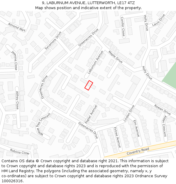 9, LABURNUM AVENUE, LUTTERWORTH, LE17 4TZ: Location map and indicative extent of plot