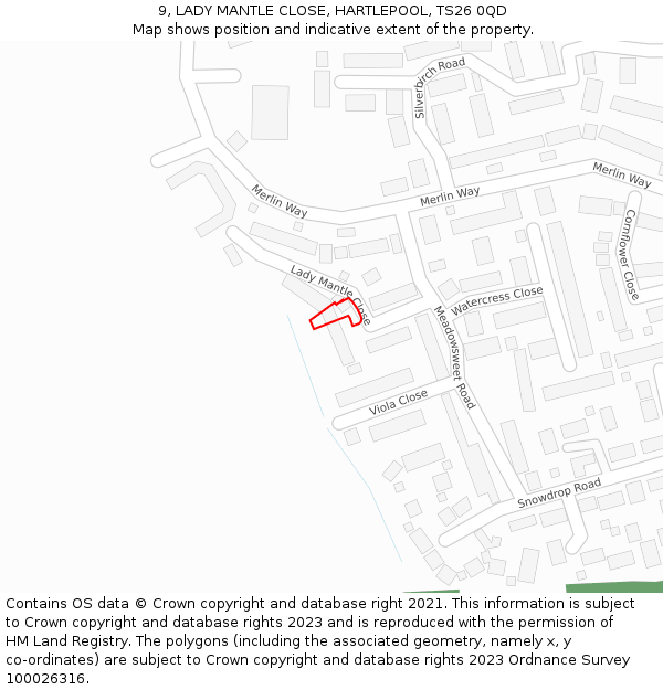 9, LADY MANTLE CLOSE, HARTLEPOOL, TS26 0QD: Location map and indicative extent of plot