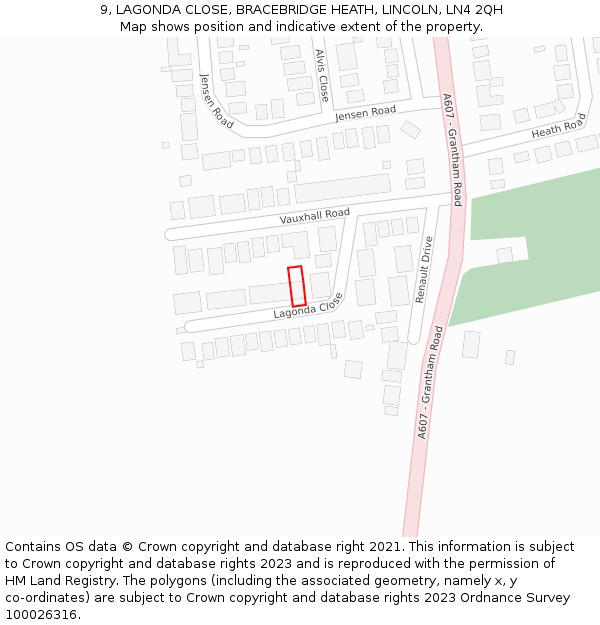 9, LAGONDA CLOSE, BRACEBRIDGE HEATH, LINCOLN, LN4 2QH: Location map and indicative extent of plot