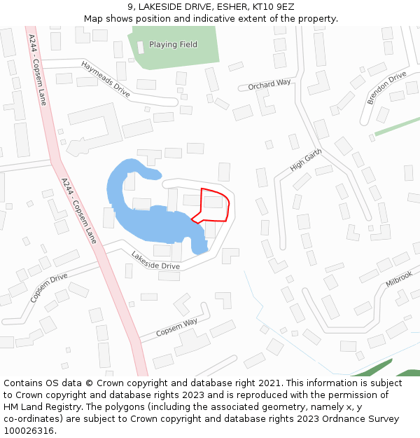 9, LAKESIDE DRIVE, ESHER, KT10 9EZ: Location map and indicative extent of plot