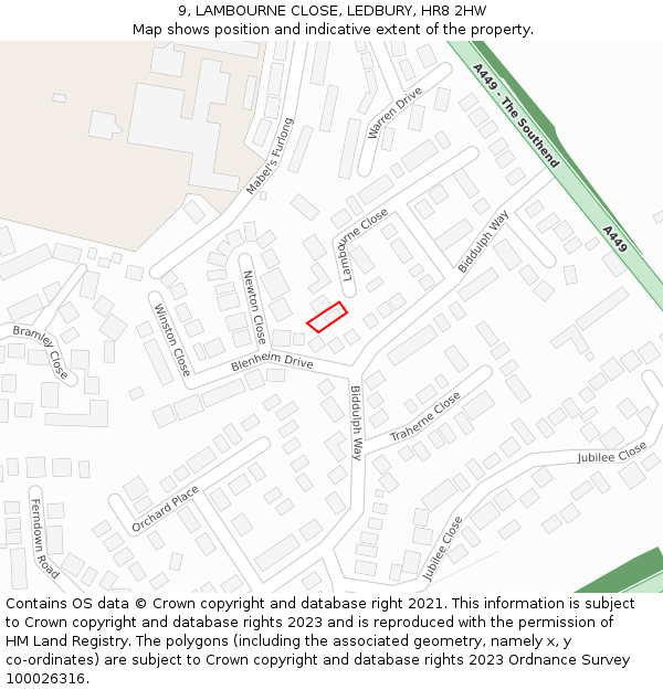 9, LAMBOURNE CLOSE, LEDBURY, HR8 2HW: Location map and indicative extent of plot