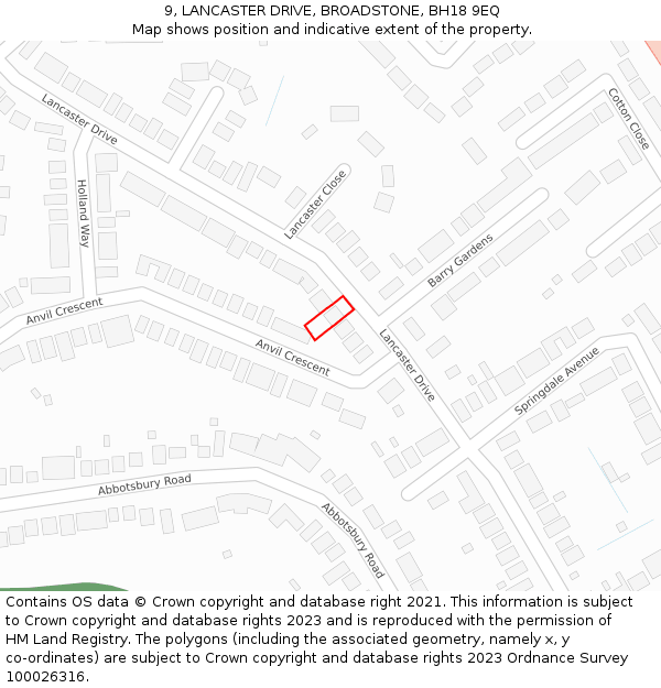 9, LANCASTER DRIVE, BROADSTONE, BH18 9EQ: Location map and indicative extent of plot