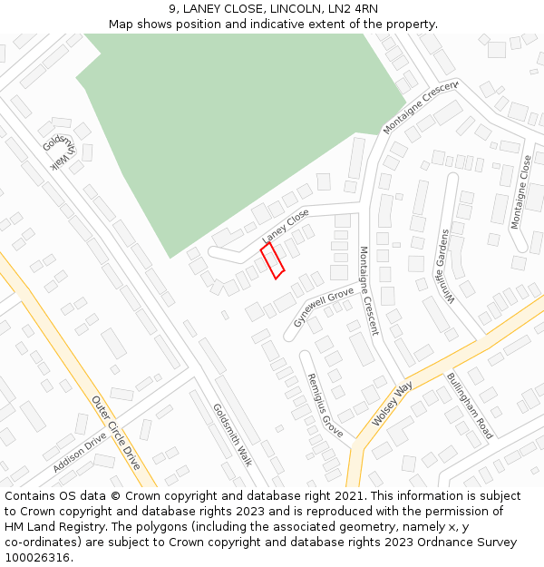 9, LANEY CLOSE, LINCOLN, LN2 4RN: Location map and indicative extent of plot