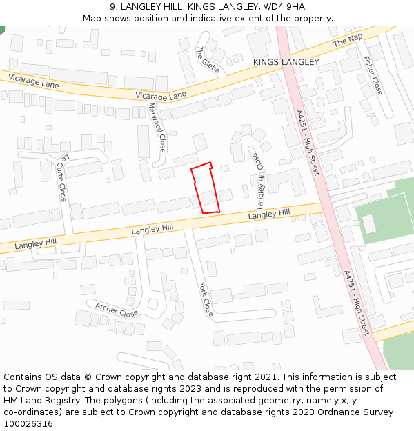 9, LANGLEY HILL, KINGS LANGLEY, WD4 9HA: Location map and indicative extent of plot