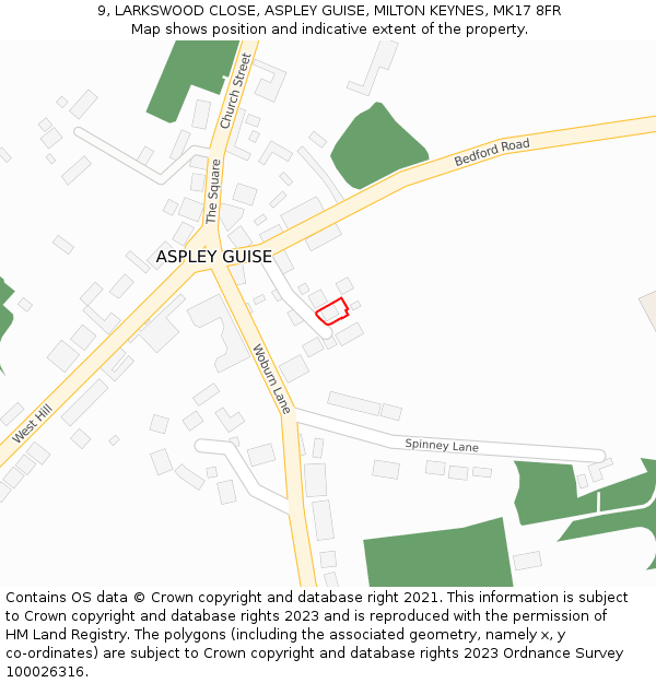 9, LARKSWOOD CLOSE, ASPLEY GUISE, MILTON KEYNES, MK17 8FR: Location map and indicative extent of plot