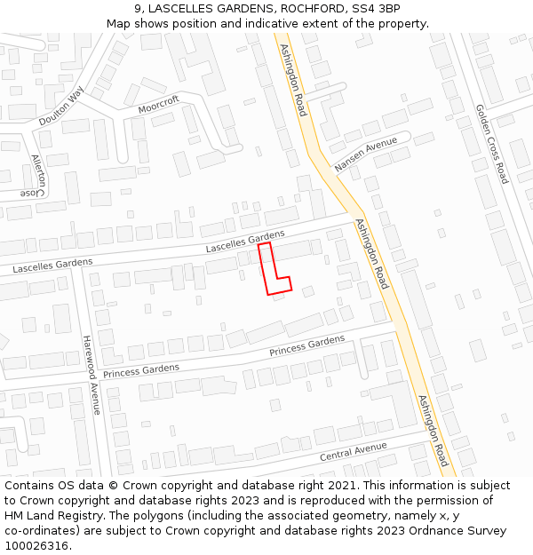 9, LASCELLES GARDENS, ROCHFORD, SS4 3BP: Location map and indicative extent of plot