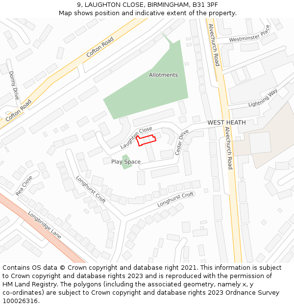 9, LAUGHTON CLOSE, BIRMINGHAM, B31 3PF: Location map and indicative extent of plot