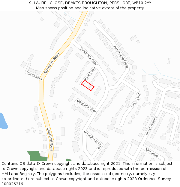 9, LAUREL CLOSE, DRAKES BROUGHTON, PERSHORE, WR10 2AY: Location map and indicative extent of plot