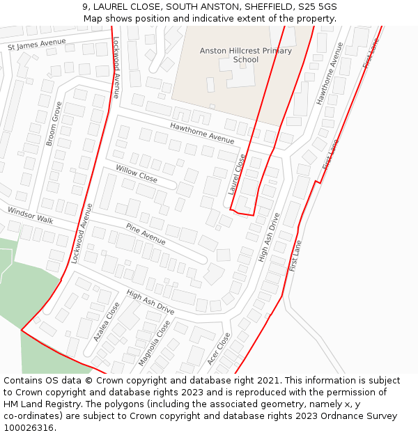 9, LAUREL CLOSE, SOUTH ANSTON, SHEFFIELD, S25 5GS: Location map and indicative extent of plot