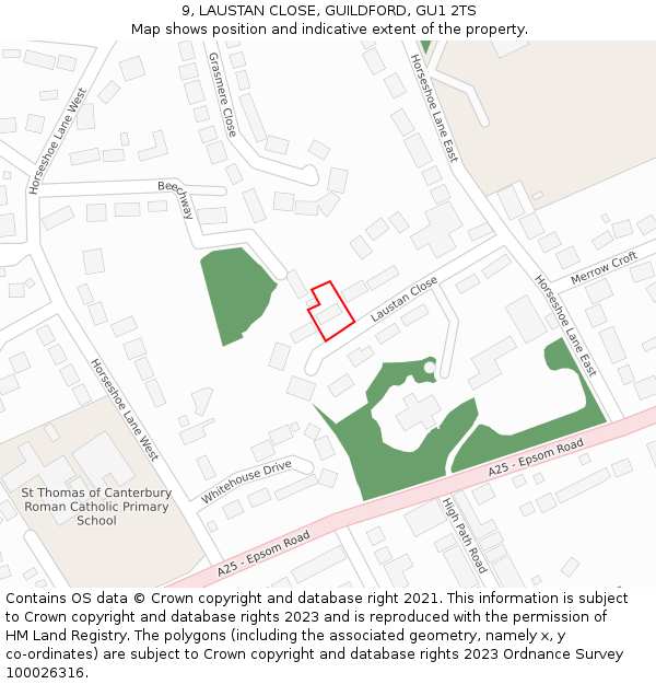 9, LAUSTAN CLOSE, GUILDFORD, GU1 2TS: Location map and indicative extent of plot