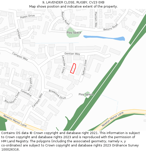 9, LAVENDER CLOSE, RUGBY, CV23 0XB: Location map and indicative extent of plot